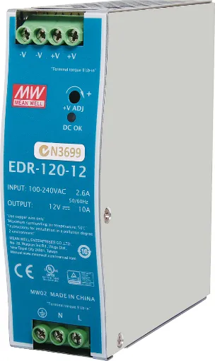 The Mean Well EDR-120-48 provides 48VDC 2.5A output with a rated power output of 120W. The compact enclosure is easy to wire with recessed terminals. Each Mean Well power supply includes protection from short circuit, over load and over voltage conditions to protect the supply and connected equipment from damage. Suitable for mounting to DIN rail T