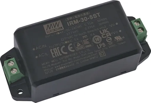 The Mean Well IRM-30-5ST 30W miniature AC-DC power supply is ready to be soldered onto the PCB boards of various kinds of electronic instruments or industrial automation equipment.