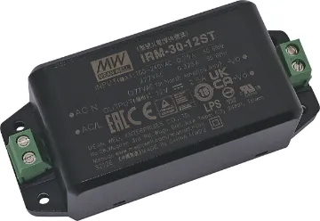 30W 12V/2.5A Mini Screw Terminal Power Supply The Mean Well IRM-30-12ST 30W miniature AC-DC power supply is ready to be soldered onto the PCB boards of various kinds of electronic instruments or industrial automation equipment.