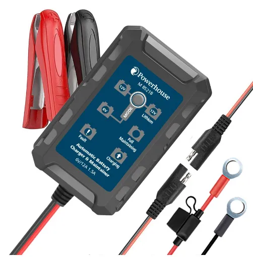 This 6V/12V battery charger maintainer provides 1.5A charging current suitable for lithium, lead-gel and lead acid batteries, including maintenance free battery types.