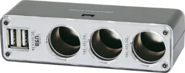 Triple Car Accessory Socket Adapter With USB Splits one socket into three, plus adds two USB (3.1A
max) ports for charging devices. Max output 5A.