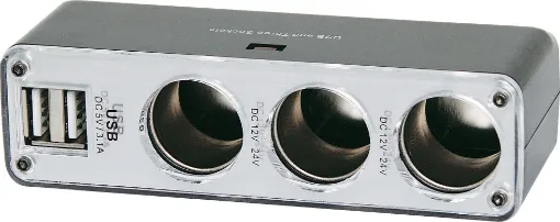 Splits one socket into three, plus adds two USB (3.1A
max) ports for charging devices. Max output 5A.