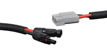 0.3m Dual MC4 Style Plug To Anderson Style Cable This lead is ideal for automotive, 4WD and caravan uses. One end is an Anderson connector (50A) and on the other end is a PV connector.