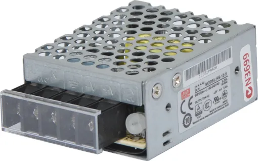 The Mean Well RS-15-5 has a rated output of 15W at 5V DC. This range of switchmode power supplies offer high efficiency DC power in a compact enclosure. They are designed to be installed within a secondary cabinet as the 240V input terminals are exposed.