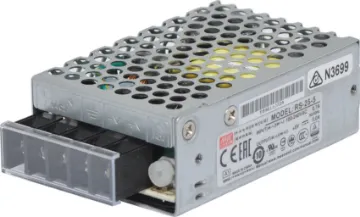 RS-25-5 25W 5VDC Switchmode Power Supply The Mean Well RS-25-5 has a rated output of 25W at 5V DC. This range of switchmode power supplies offer high efficiency DC power in a compact enclosure. They are designed to be installed within a secondary cabinet as the 240V input terminals are exposed.