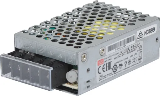 The Mean Well RS-25-5 has a rated output of 25W at 5V DC. This range of switchmode power supplies offer high efficiency DC power in a compact enclosure. They are designed to be installed within a secondary cabinet as the 240V input terminals are exposed. 