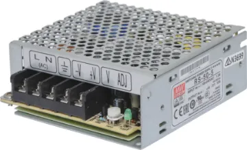 RS-50-5 50W 5VDC Switchmode Power Supply The Mean Well RS-50-5 has a rated output of 50W at 5V DC. This range of switchmode power supplies offer high efficiency DC power in a compact enclosure. They are designed to be installed within a secondary cabinet as the 240V input terminals are exposed.