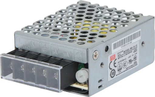 The Mean Well RS-15-12 has a rated output of 16W at 12V DC. This range of switchmode power supplies offer high efficiency DC power in a compact enclosure. They are designed to be installed within a secondary cabinet as the 240V input terminals are exposed. 