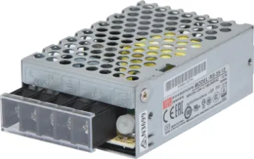 RS-25-12 25W 12VDC Switchmode Power Supply The Mean Well RS-25-12 has a rated output of 25W at 12V DC. This range of switchmode power supplies offer high efficiency DC power in a compact enclosure. They are designed to be installed within a secondary cabinet as the 240V input terminals are exposed.