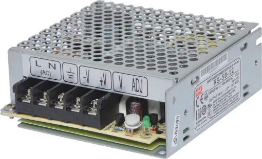 The Mean Well RS-50-12 has a rated output of 50W at 12V DC. This range of switchmode power supplies offer high efficiency DC power in a compact enclosure. They are designed to be installed within a secondary cabinet as the 240V input terminals are exposed. 