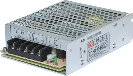The Mean Well RS-75-12 has a rated output of 72W at 12V DC. This range of switchmode power supplies offer high efficiency DC power in a compact enclosure. They are designed to be installed within a secondary cabinet as the 240V input terminals are exposed