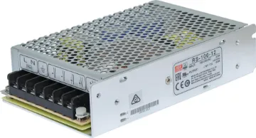 RS-100-12 102W 12VDC Switchmode Power Supply The Mean Well RS-100-12 has a rated output of 102W at 12V DC. This range of switchmode power supplies offer high efficiency DC power in a compact enclosure. They are designed to be installed within a secondary cabinet as the 240V input terminals are exposed.