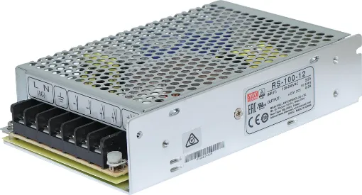 The Mean Well RS-100-12 has a rated output of 102W at 12V DC. This range of switchmode power supplies offer high efficiency DC power in a compact enclosure. They are designed to be installed within a secondary cabinet as the 240V input terminals are exposed. 