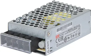 RS-25-24 26W 24VDC Switchmode Power Supply The Mean Well RS-25-24 has a rated output of 26W at 24V DC. This range of switchmode power supplies offer high efficiency DC power in a compact enclosure. They are designed to be installed within a secondary cabinet as the 240V input terminals are exposed.