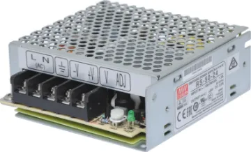 RS-50-24 53W 24VDC Switchmode Power Supply The Mean Well RS-50-24 has a rated output of 53W at 24V DC. This range of switchmode power supplies offer high efficiency DC power in a compact enclosure. They are designed to be installed within a secondary cabinet as the 240V input terminals are exposed.