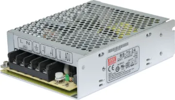 RS-75-24 77W 24VDC Switchmode Power Supply The Mean Well RS-75-24 has a rated output of 77W at 24V DC. This range of switchmode power supplies offer high efficiency DC power in a compact enclosure. They are designed to be installed within a secondary cabinet as the 240V input terminals are exposed.