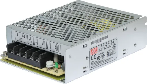 The Mean Well RS-75-24 has a rated output of 77W at 24V DC. This range of switchmode power supplies offer high efficiency DC power in a compact enclosure. They are designed to be installed within a secondary cabinet as the 240V input terminals are exposed.
