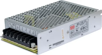 RS-100-24 108W 24VDC Switchmode Power Supply The Mean Well RS-100-24 has a rated output of 108W at 24V DC. This range of switchmode power supplies offer high efficiency DC power in a compact enclosure. They are designed to be installed within a secondary cabinet as the 240V input terminals are exposed.