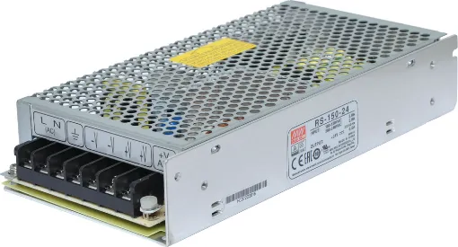 The Mean Well RS-150-24 has a rated output of 156W at 24V DC. This range of switchmode power supplies offer high efficiency DC power in a compact enclosure. They are designed to be installed within a secondary cabinet as the 240V input terminals are exposed.