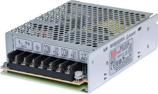 The Mean Well RD-65A has a rated output of 66W with dual voltage rails at 5V DC and 12V DC. This range of switchmode power supplies offer high efficiency DC power in a compact enclosure. They are designed to be installed within a secondary cabinet as the 240V input terminals are exposed