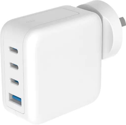 140W four output USB wall charger with 3 x USB power delivery charging up to 140W max (PD 3.1/PPS). Equipped with GaN charging chip. 