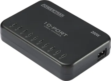 10 Port 200W USB Type-C Charging Station This 10-port USB charger allows you to charge up to 10 devices at once. It features 10 USB Type-C charging ports providing up to 200W of charge capacity across all ports.