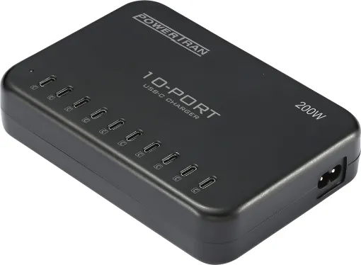 This 10-port USB charger allows you to charge up to 10 devices at once. It features 10 USB Type-C charging ports providing up to 200W of charge capacity across all ports.