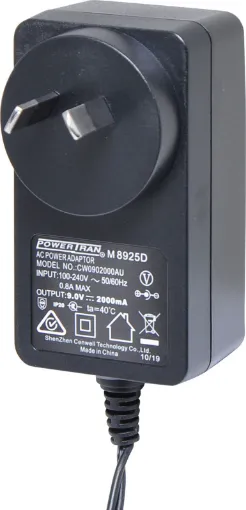 9V DC Switchmode Plugpack Supplied with fixed 2.1mm DC tip (tip positive). Compact design with high current regulated output. Energy authority approved. MEPS approved. 

9VDC @ 2A.