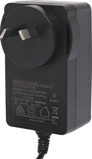 12V DC Switchmode Plugpack Supplied with fixed 2.1mm DC positive tip. Compact design with high current regulated output. Energy authority approved. MEPS approved.

12VDC @ 3A.

