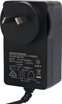 15V DC 2.4A Appliance Power Supply Adapter 15V DC Switchmode Plugpack Supplied with fixed 2.1mm DC positive tip. Compact design with high current regulated output. Energy authority approved. MEPS approved.
15VDC @ 2.4A.