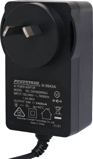 15V DC Switchmode Plugpack Supplied with fixed 2.1mm DC positive tip. Compact design with high current regulated output. Energy authority approved. MEPS approved.

15VDC @ 2.4A.

