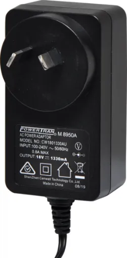 18V DC Switchmode Plugpack Supplied with fixed 2.1mm DC tip (tip positive). Compact design with high current regulated output. Energy authority approved. MEPS approved. 

18VDC @ 1.33A.