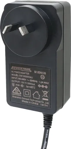 18V DC, 2.8 Amp switch mode plug pack supplied with a fixed positive to tip 2.1mm DC jack (2.1ID x 5.5OD x 10L). Compact design with high current regulated output. Energy authority approved. MEPS approved. 
