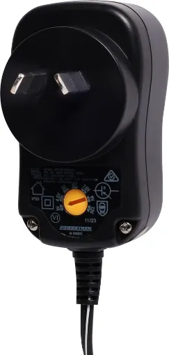 A slim line multi-voltage plug pack with the adjustment switch on the side of the unit that faces the wall when installed. This prevents accidental change of output voltage which may cause damage to a connected appliance.  2A max output.