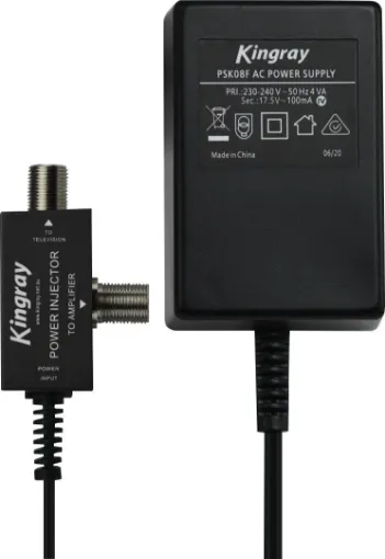 17.5V AC 100mA plugpack with F type socket arrangement designed to plug in line with Kingray range of masthead amplifiers.