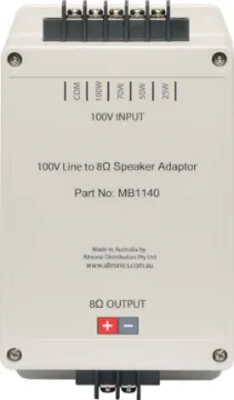 100V Line to 8 Ohm Speaker Transformer Adapter Designed to allow 8 ohm speakers to be utilised in a 100V line public address speaker system. Ideal for converting existing systems to 100V line or where 8 ohm speakers have been specified for a PA installation.