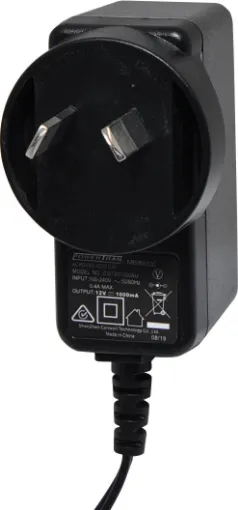 12V DC, 1 Amp Switchmode Plugpack Supplied with a fixed positive to tip 2.5mm DC jack (2.5ID x 5.5OD x 10L). Compact design with high current regulated output. Energy authority approved. MEPS approved. Dimensions: 60L x 40H x 35D mm.