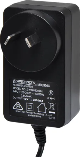 12V DC, 2 Amp Switchmode Plugpack Supplied with a fixed positive to tip 2.5mm DC jack (2.5ID x 5.5OD x 10L). Compact design with high current regulated output. Energy authority approved. MEPS approved. Dimensions: 75L x 42W x 40D mm.