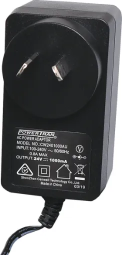 24V DC, 1 Amp switch mode plug pack. Supplied with a fixed positive to tip 2.5mm DC jack (2.5ID x 5.5OD x 10L). 
