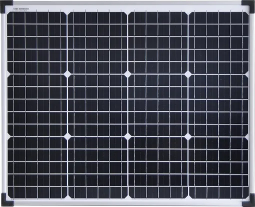 This 50W monocrystalline silicon solar panel is designed for long life (up to 25 years) and high efficiency output. They may be wired in series or parallel arrays. 