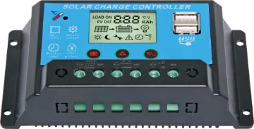 12/24V 20A PWM Solar Charge Controller With USB Featuring intelligent charge control, adjustable parameters, LCD screen and USB charging outputs this solar regulator represents outstanding value for under $100. It is suitable for permanent installations of lead acid and gel battery solar panel systems. The LCD allows for easy selection of charging parameters such as PV switch off voltage, load s