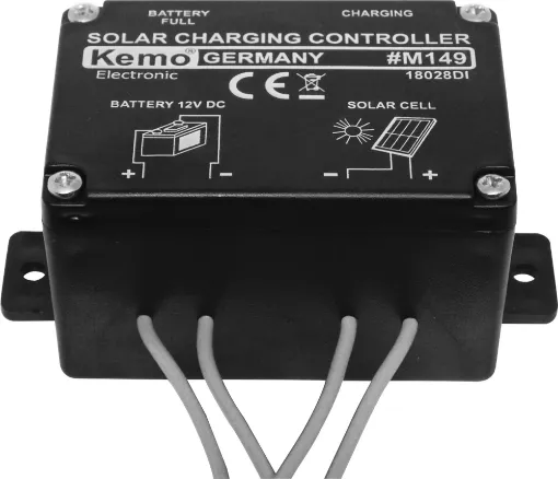 A simple solar charge controller offering 6A current input. It is suitable for sealed or wet cell batteries and is sealed in epoxy for reliable operation. Suitable for solar cells with an open circuit voltage between 14-30V DC. LED indicators show when unit is charging or battery is at full capacity. Suits 12V battery systems only. Size: 72 x 50 x 
