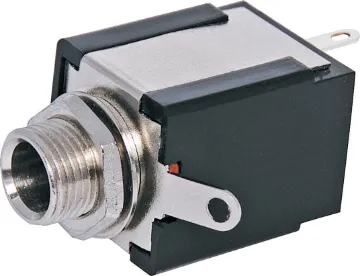 6.35mm Unswitched Non-Insulated Stereo Jack Socket 6.35mm chassis mount stereo socket. Mounting hole 9mm dia.