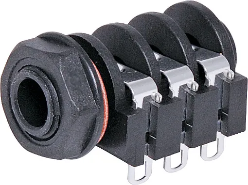 6.35mm insulated chassis mount stereo socket with switched contacts. Mounting hole 11mm dia.