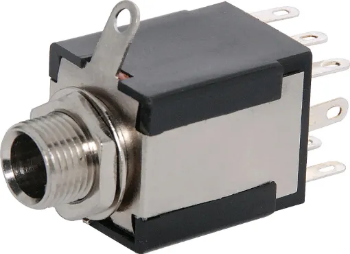 6.35mm chassis mount stereo socket with DPDT isolated switch. Mounting hole 9mm dia.