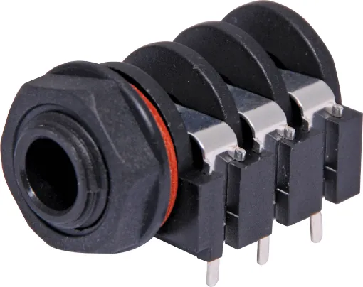 6.35mm PCB mount stereo socket with 3PST switched contacts. Insulated from Chassis. Mounting Hole 11mm dia.