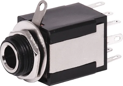 6.35mm chassis mount insulated stereo socket with DPDT 
isolated switch. Mounting hole 12mm. Insulated from chassis.