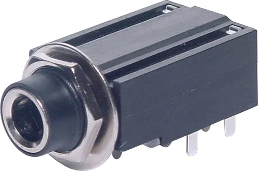 6.35mm insulated PCB mount stereo socket with DPDT switched contacts.
Mounting hole 11mm dia.