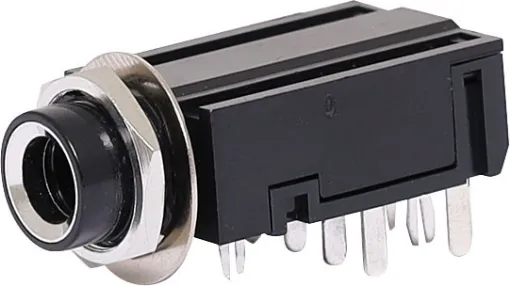 6.35mm insulated PCB mount stereo socket with DPDT switched contacts.
Mounting hole 11mm dia.