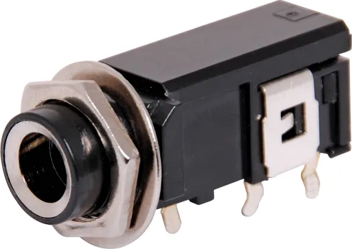6.35mm insulated PCB mount stereo socket with SPST switched contact. Mounting hole 11mm dia.